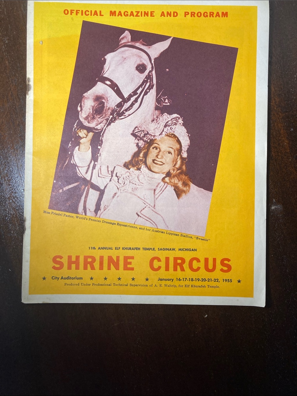 Vintage Shrine Circus Program with Horse and Performer - Yellow & Pink 1955